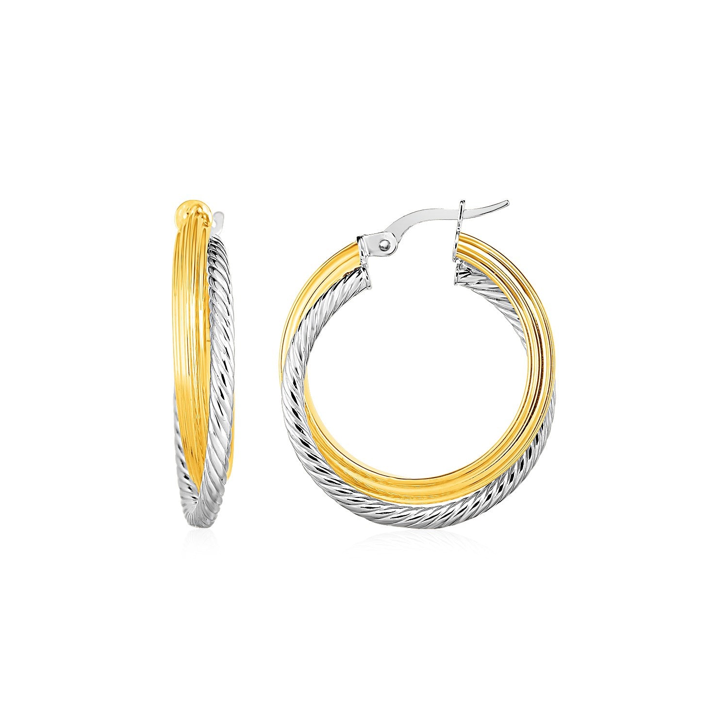 Two Part Textured And Shiny Hoop Earrings In 14K Yellow And White Gold 55983-1