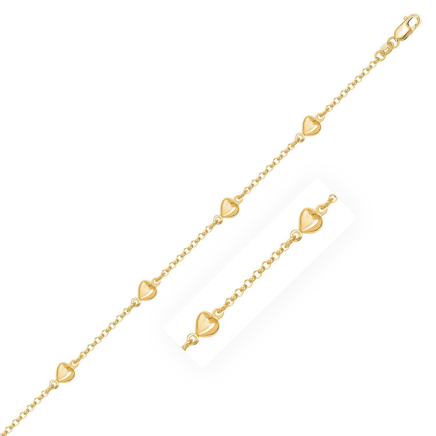 14k Yellow Gold Rolo Chain Bracelet with Puffed Heart Stations (3.30 mm)