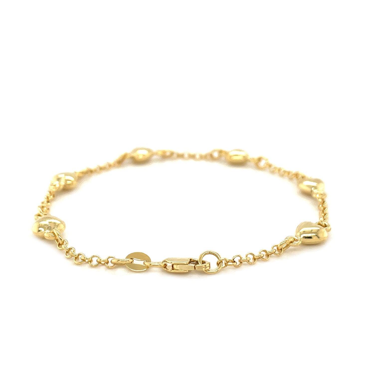 14k Yellow Gold Rolo Chain Bracelet with Puffed Heart Stations (3.30 mm)