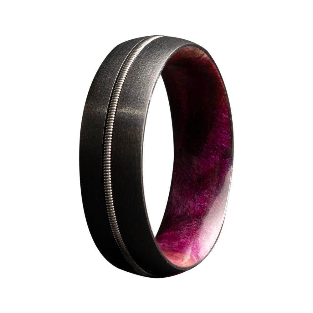 Heavy Stone - Zirconium Dome Satin Ring w/ Guitar String Inlay & Burl Wood Sleeve (7MM)-1