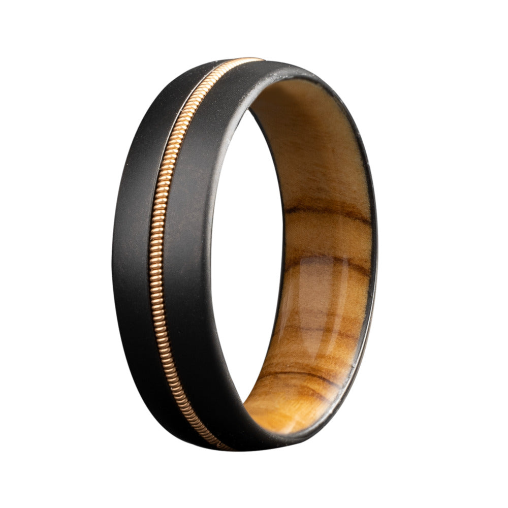 Heavy Stone - Zirconium Dome Satin Ring w/ Guitar String Inlay & Olive Wood Sleeve (6MM)-1